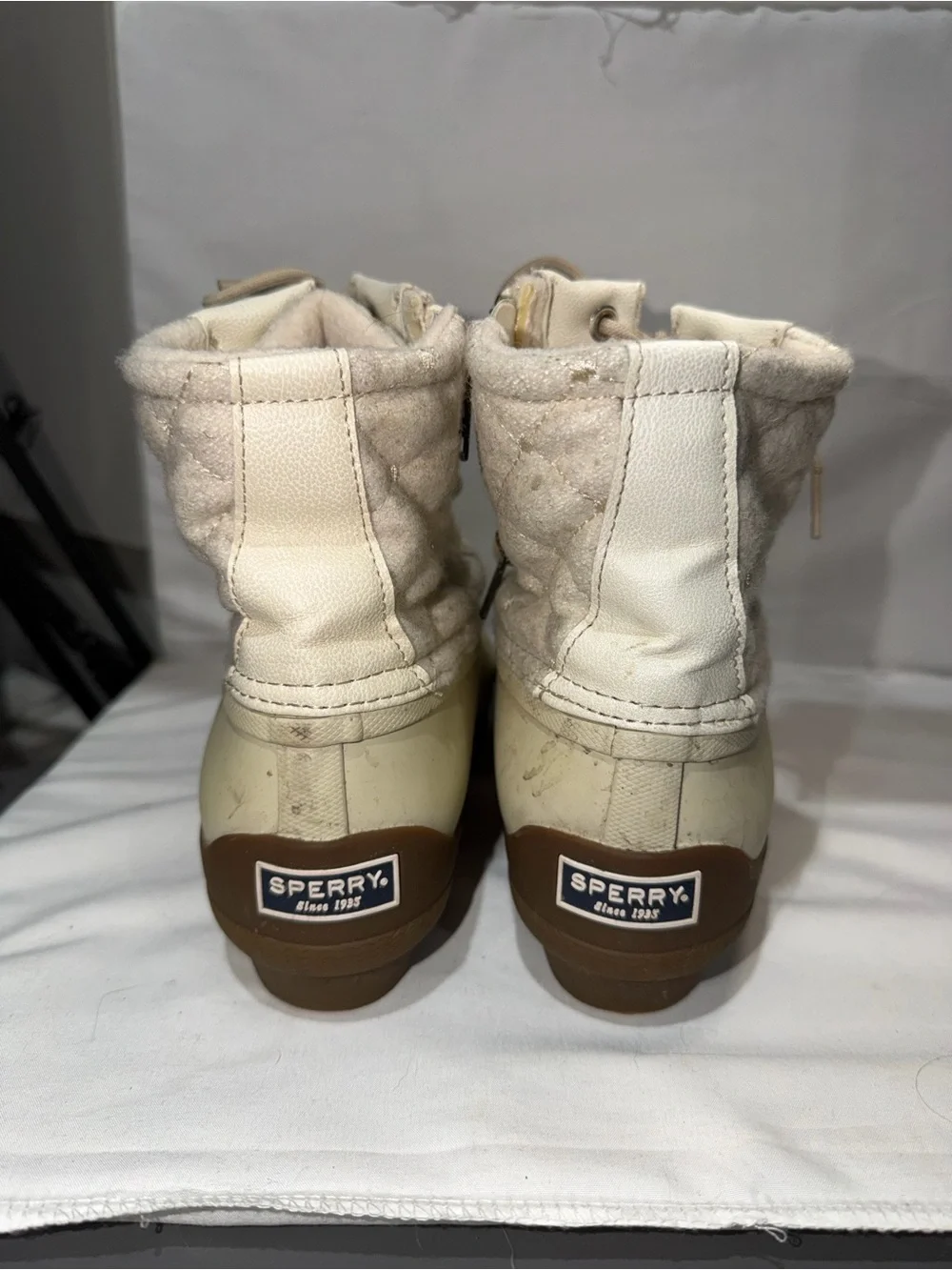 Sperry Boots Syren Gulf Wool Quilted Ivory Tan Zip Up Winter Shoes 8 Duck Boot